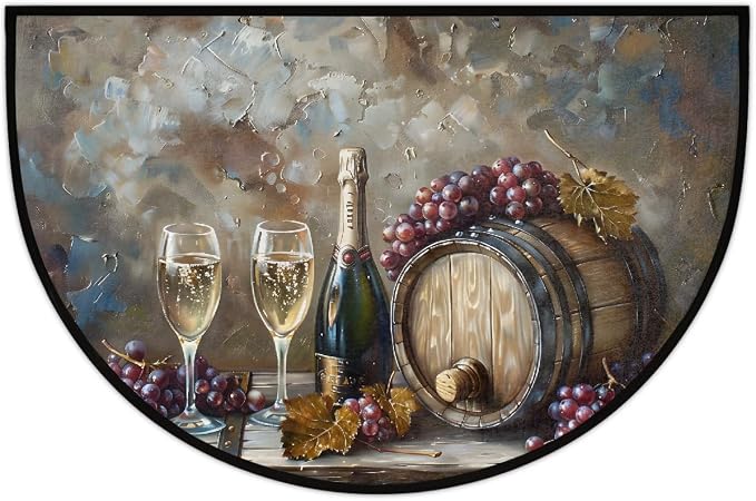 Wine Half Round Doormat Non-Slip Semi Circle Rug Half Moon Mat | Grey Painting Fruit Washable Soft Absorbent Indoor Outdoor Entrance Kitchen Bathroom Sink Patio Welcome Fireplace Floor Rug