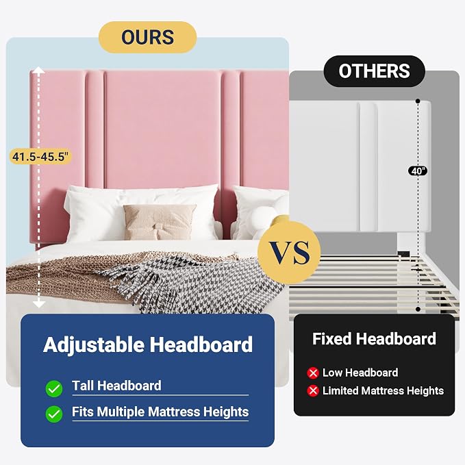 Allewie King Size Platform Bed Frame with Adjustable Headboard | Plush Velvet Upholstered, Vertical Channel Tufted, Sturdy Wood Slats, No Box Spring Needed, Easy Assembly, Pink