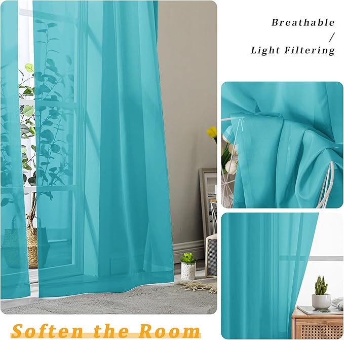 Gwine Turquoise Sheer Curtain Tiers 24 Inch Length, Light Filtering Voile Short - Image 4