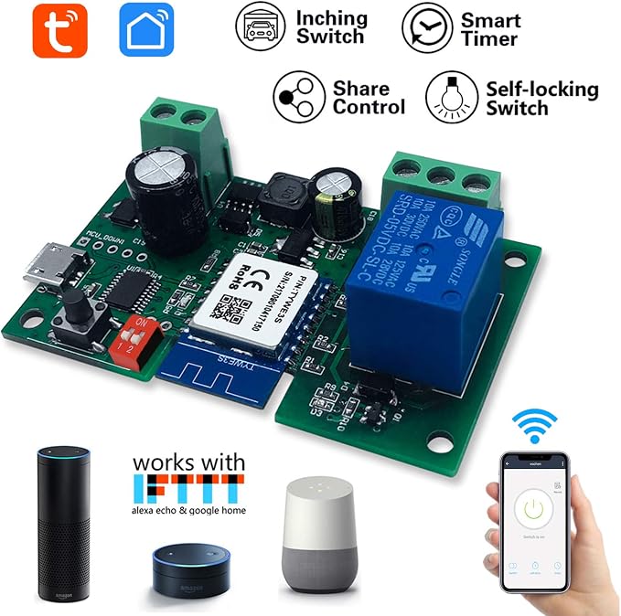 WiFi Wireless Inching Relay Switch Momentary DIY Smart Home Remote Control DC 5-32V AC 90-250V Compatible With Alexa Echo IFTTT (Using TUYA/Smart Life APP)
