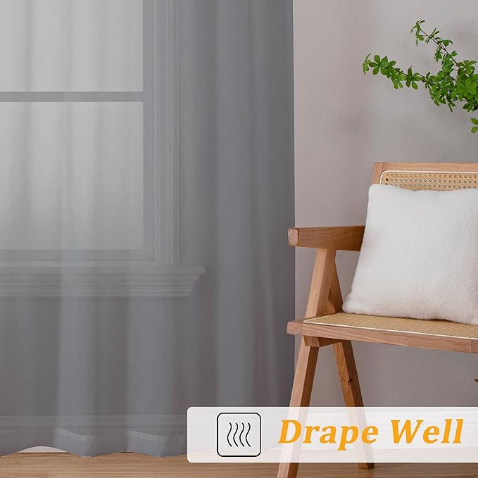 Gwine Charcoal Grey Sheer Curtains 90 Inches Long 2 Panels Set, Light Filtering - Image 6