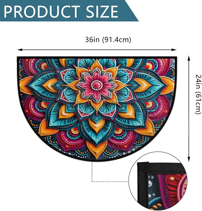 Flower Half Round Door Mat Semi Moon Rug Fireplace Carpet Area Rugs | Colorful Mandala Non Slip Absorbent Half Circle Mat Carpet for Indoor Outdoor Patio Kitchen Bathroom Entryway Home Decor