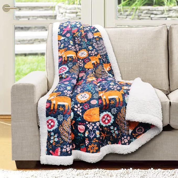 Lush Decor Pixie Fox Sherpa Throw Blanket 50”W x 60"L Gray & Pink - Sherpa Blankets - Toddler Blanket For Bed - Pink Girls Room Decor - Floral Throw