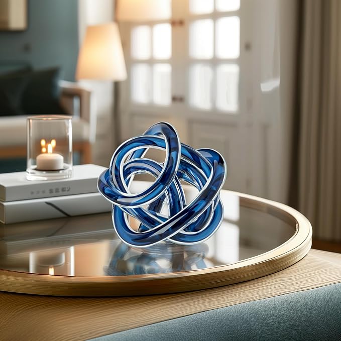 Torre & Tagus Orbit Hand Blown Glass Infinity Knot Sculpture - 4.5 Inch Glass Art Blue Knot Decor Ball for Home Decor, Small Centerpiece Table Decoration for Home Interior (Indigo Blue)