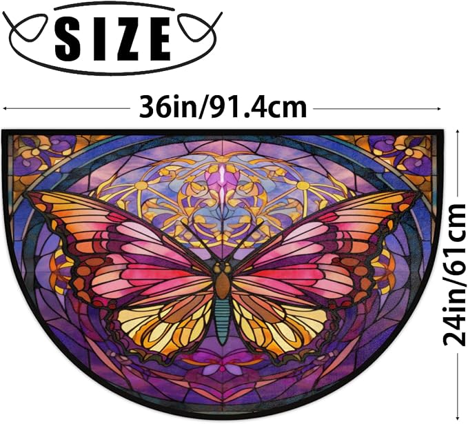 Moroccan Azulejo Butterfly Half Round Door Mat Intdoor Entrance 36x24 Inch, Non-Slip Welcome Mat for Outdoor Semi Circle Bathroom Floor Rugs,House Entry Way Heavy Duty Doormat for Kitchen Living Room
