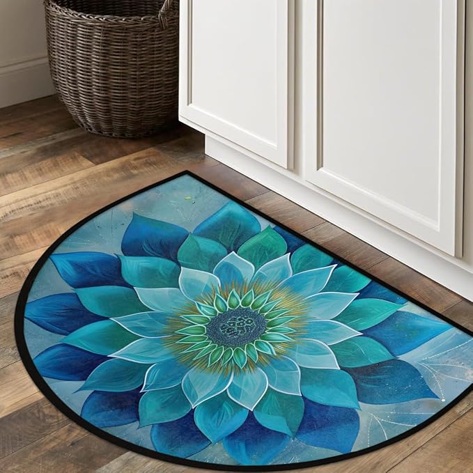 Teal Mandala Half Round Rug Half Moon Door Mat Half Circle Rugs | Floral Flower Washable Non-Slip Semi Circle Rug Welcome Half Round Door Mat Indoor Entrance Kitchen Bedroom Living Room Decor