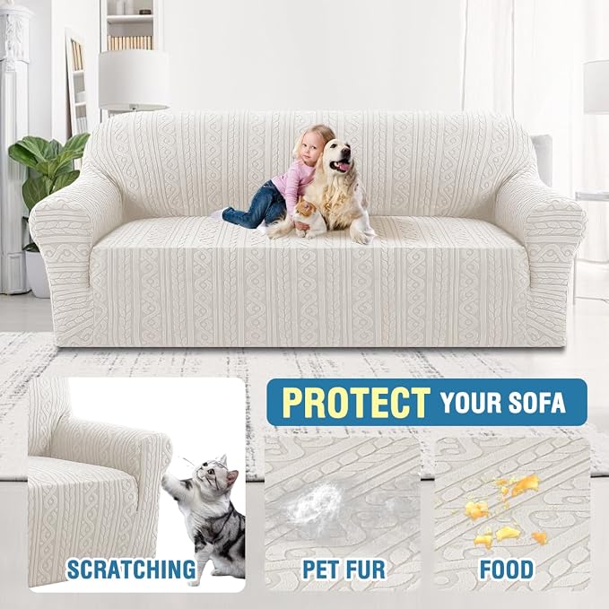 H.VERSAILTEX 1 Piece Couch Covers for 3 Cushion Couch Sofa Pet Friendly High Stretch Sofa Covers Upgrade Thick Jacquard Fabric with Spiral Pattern(75"-85", Pale Oak)