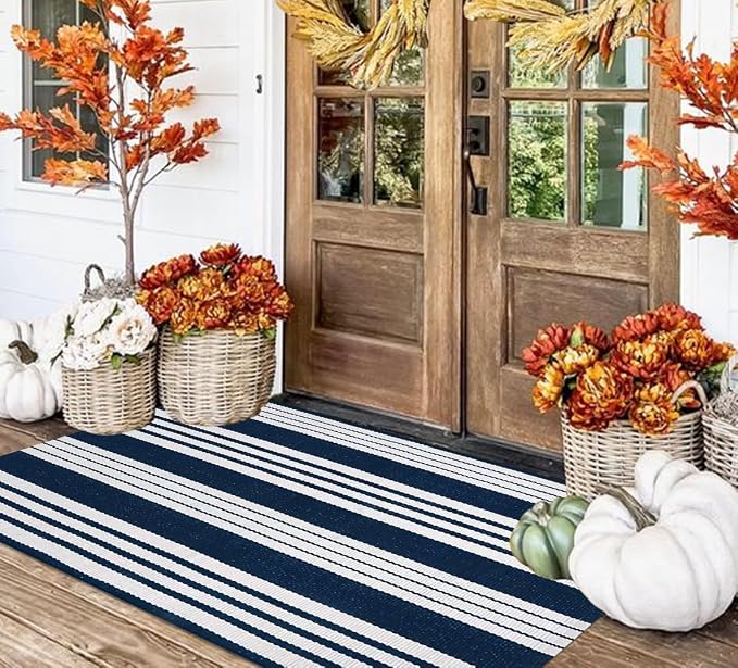 BUAGETUP Blue and White Outdoor Rug 3'x 5' Cotton Woven Washable Rug Striped Front Porch Rug Indoor/Outdoor Area Rug Floor Mat for Farmhouse/Layered Door Mats/Living Room