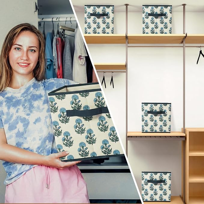 Bokon 6 Pcs 11 Inch Block Print Storage Bins Cube Cyan and White Storage Basket Rustic Floral Foldable Fabric Organizing Bins with Handles for Home Office Shelves Closets Clothes Toys Books