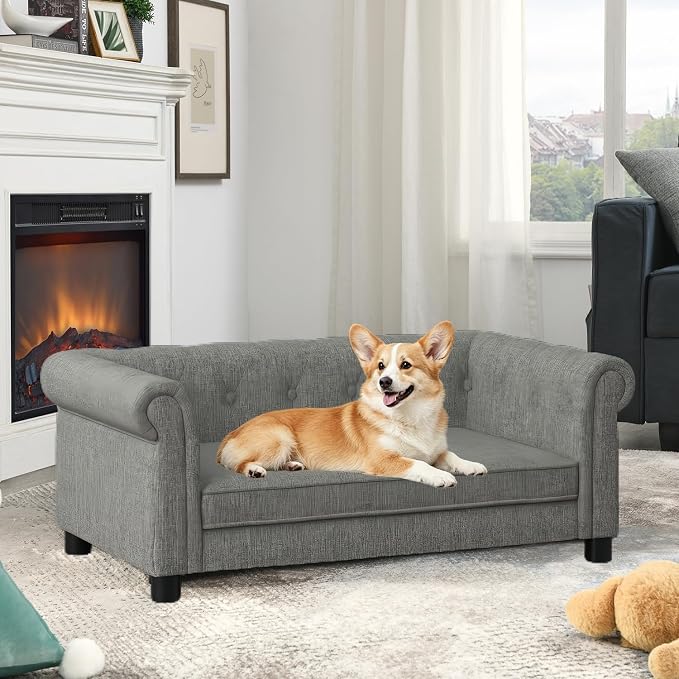 Dog Sofa for Small & Medium Dogs | Removable & Washable | No Assembly Required | Breathable Linen Fabric | Soft Foam |Floor-friendly sofa legs |Light grey