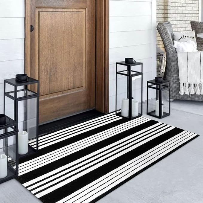 LEEVAN 3'X5' Black and White Striped Woven Cotton Reversible Outdoor Rug | Small Machine Washable Front Porch Rug, Entryway Door Mat, Indoor Layering Carpet for Farmhouse Bathroom Laundry