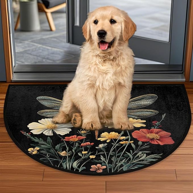 Dragonfly Half Round Door Mat Outdoor Doormat Bedroom Entrance Rug A12 | Dragonfly Flower Floral Semi Moon Door Mat Non-Slip Absorbent Kitchen Rug Indoor Welcome Bath Mat 36" X 24"