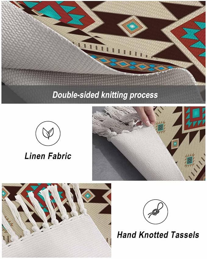 Boho Southwestern Entryway Rug 2X3 Ft Bathroom Mat, Washable Woven Aztec Abstract Geometric Throw Carpet with Tassel, Non-Shedding Vintage Native American Patterned Indoor Outdoor Kitchen Doormats