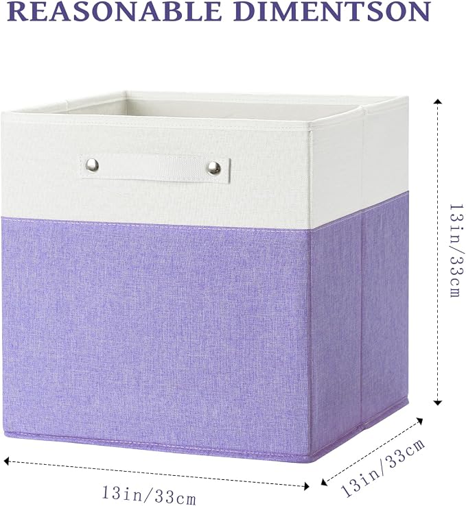 FinishingBo 13x13x13 Storage Cube Bins 4 Pack, Cube Shelf Baskets | Foldable Storage Cubes, Linen Storage Bins with Handles, Closet Organizers, White/Purple