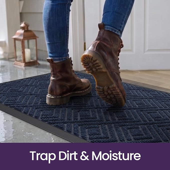 DEXI Front Door Mat Outside Entrance, 17x30 Heavy Duty Entry Doormat Dirt Trapper with Rubber Back, Non Slip Low Profile Floor Mats for Entryway Exterior Patio, Checkered Navy