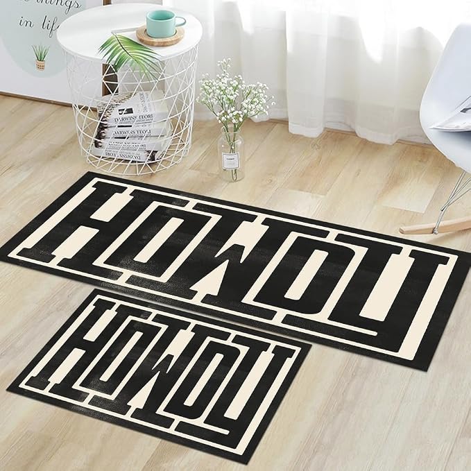 GUBIYU Kitchen Rugs Set of 2 Farmhouse Howdy Door Mat Beige Area Rug Runner Rugs for Living Room,Decorative Home Indoor Outdoor Front Porch Door Mat,Black Trendy Stuff Howdy Preppy Decor Washable Rugs