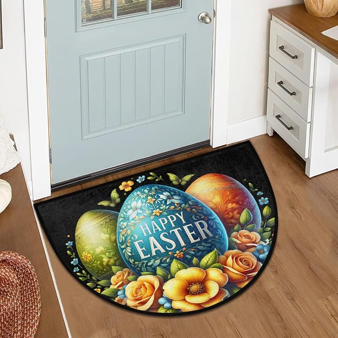 Happy Easter Egg Half Round Door Mat Non-Slip Semi Circle Rug Washable Half Moon Floor Rug Absorbent Bathroom Area Rugs for Outdoor Indoor Fireplace Mat Entryway Kitchen Decor Rugs