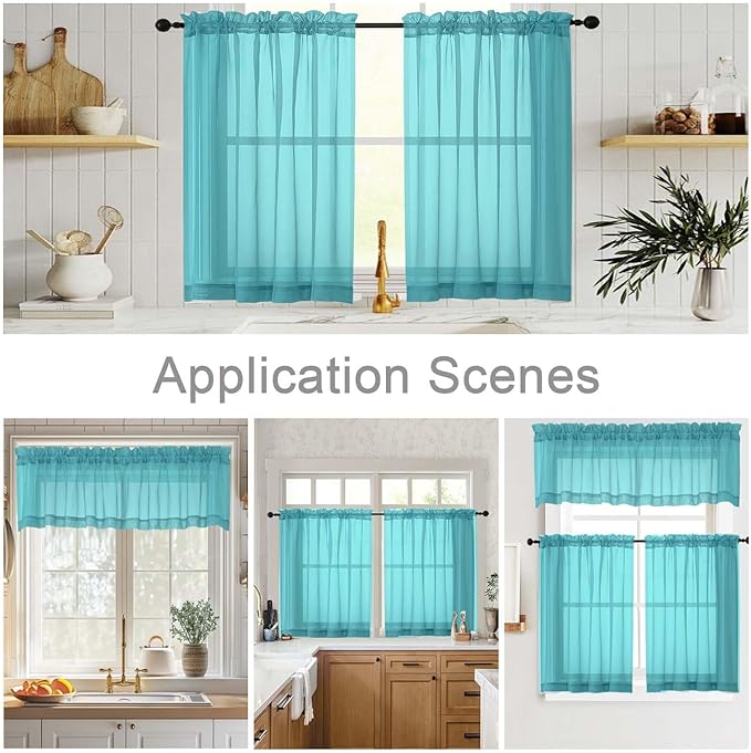 Turquoise Kitchen Curtains 30 Inch Length Tier 2 PCS, Solid Soft Half Curtains for Windows, Turquoise Sheer Rod Pocket Drapes for Bathroom Basement Small Window, 42" Wx30 L Inch