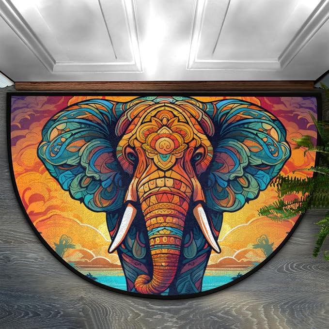 Elephant Drawn Half Round Door Mat, Non-Slip Entrance Welcome Mat for Indoor Semi Circle Bathroom Floor Rugs Outdoor Mats House Entry Way Heavy Duty Doormat for Kitchen Living Room 36x24 Inch