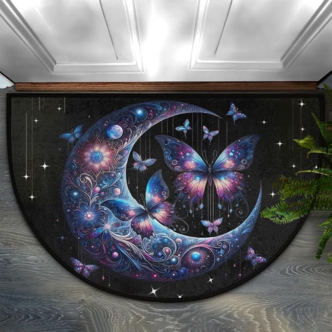 Butterfly Moon Half Round Door Mat Non Slip Half Circle Rugs | Moon Galaxy Washable Half Moon Rug Semi Circle Rugs Indoor Entrance Floor Carpet for Kithen Bedroom Fireplace Decor