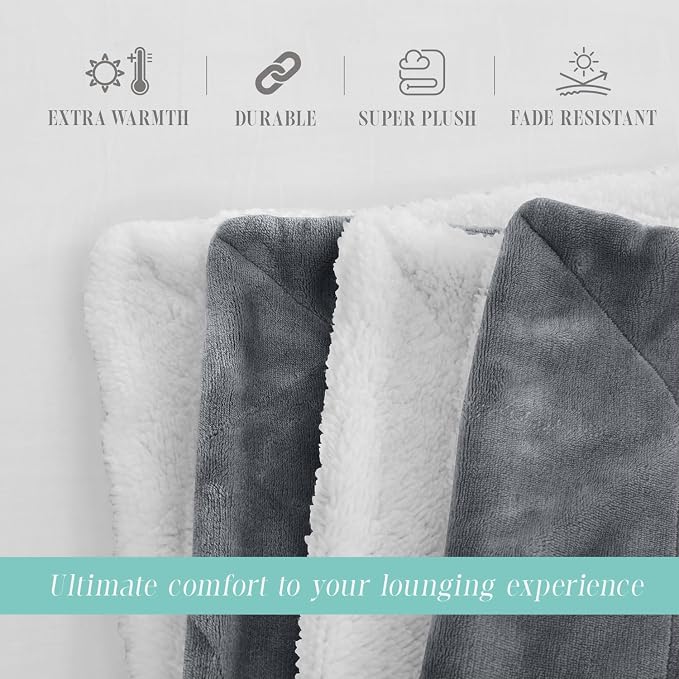 Elegant Comfort Throw Blanket, Reversible Sherpa Flannel, Ultra-Soft, Fuzzy, Cozy and Plush- All Season Lightweight Decorative Throw, 50 x 60 inches, Solid Sherpa Throw, Gray
