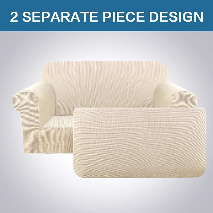 H.VERSAILTEX Loveseat Cover 2 Piece Furniture Protector Suit for T Cushion/Box Cushion Loveseat Cover for Leather, Rich Textured High Spandex Jacquard Fabric Small Checks (Natural)