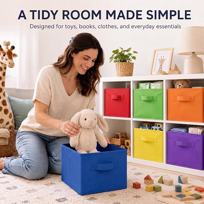 Yinder Cube Storage Bin Storage Bins for Room Decor Colorful Bins Foldable Baskets for Nursery Organizer Boxes Fabric Boxes (14''x10''x8'',Bright Colors,6 Pcs)
