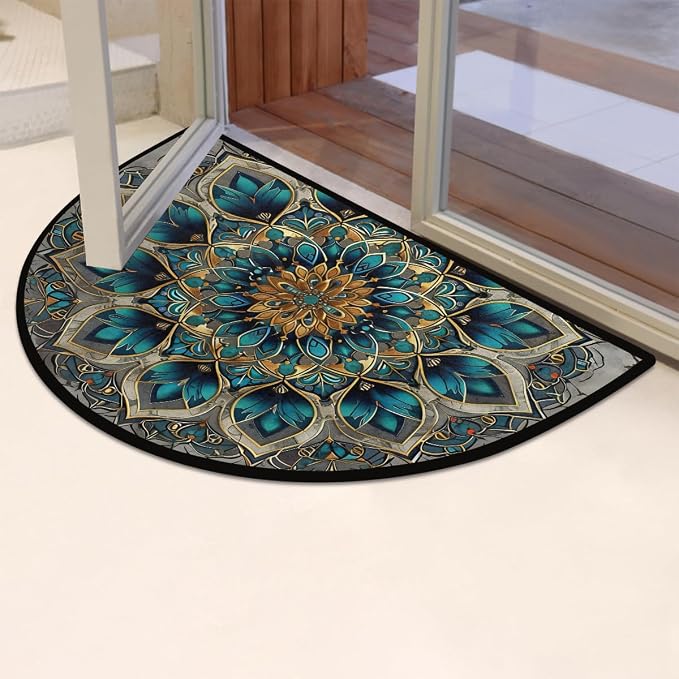 Mandala Green Half Round Door Mat Semi Moon Rug Fireplace Carpet Area Rugs | Mandala Turquoise Non Slip Absorbent Half Circle Mat Carpet for Indoor Outdoor Patio Kitchen Bathroom Entryway Home Decor