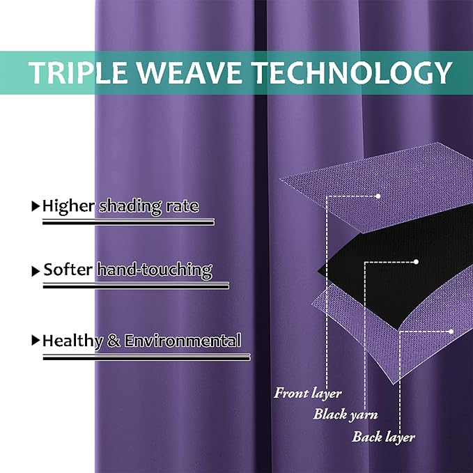 NICETOWN 100% Blackout Short Curtains with Black Liners, 2 Panels, 37"W by 40"L, Lilac Purple, Solid Thermal Insulated Full Blackout 2-Layer Lined Drapes, Energy Efficiency Window Drapes for Bedroom