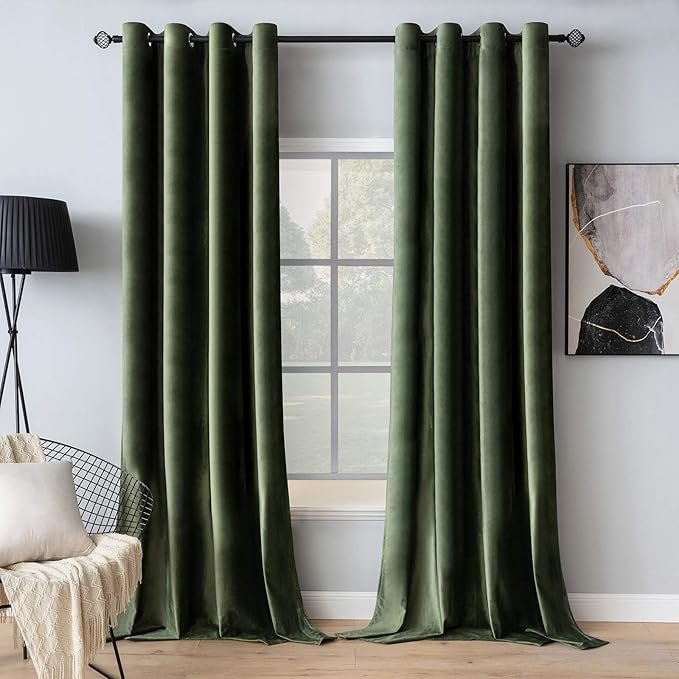 MIULEE Velvet Curtains Olive Green Extra Long Elegant Grommet Curtains Thermal Insulated Soundproof Room Darkening Curtains/Drapes for Classical Living Room Bedroom Decor 52 x 120 Inch Set of 2