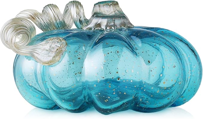 Glitzhome Hand Blown Glass Pumpkin Decor 5" Blue - Artisan Fall Table Centerpiece for Thanksgiving Harvest Home Decor Halloween Displays
