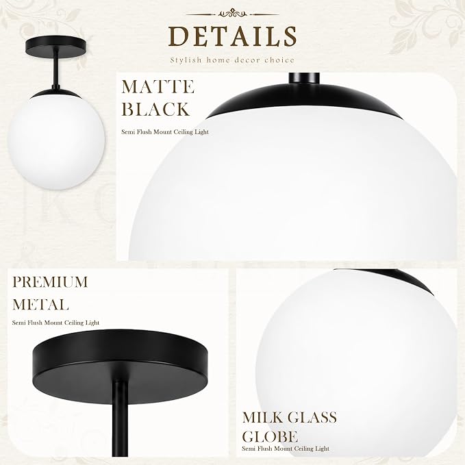 Globe Semi Flush Mount Ceiling Light, Mid Century Modern Light Fixture Ceiling, Milk Glass with Matte Black Finish, Living Room Kitchen Bedroom Hallway Storage Schoolhouse Laundry(LED Bulb Incl.)