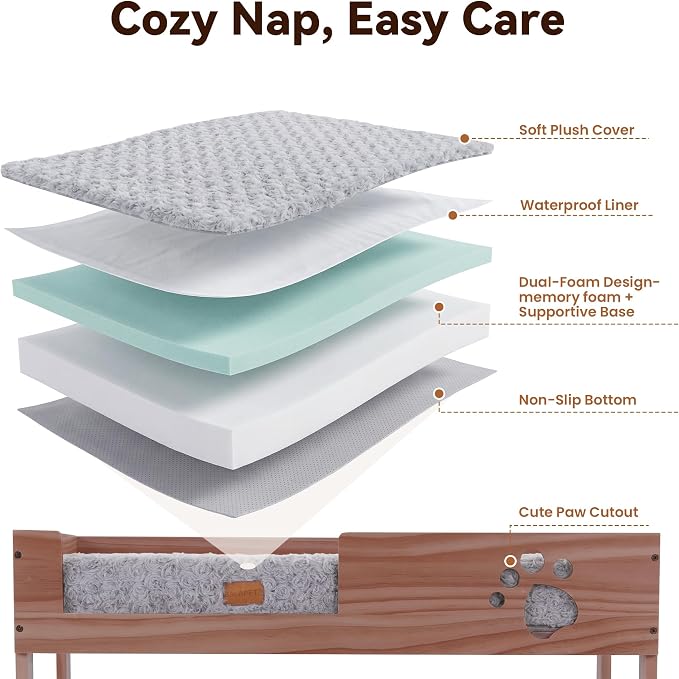 BALAPET Wooden Bunk Dog Bed with 2 Memory Foam Beds | Modern Pet Furniture, Waterproof Liners, Washable Covers, 31.1 x 20.9 x 29.9 in, Bedside Window Perch, For Medium Dogs & Cats