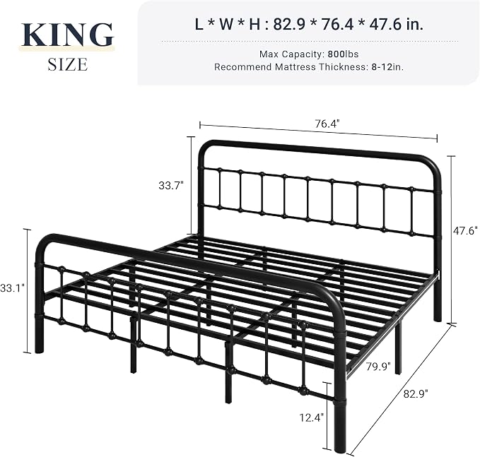 Allewie King Metal Bed Frame with Victorian Iron-Art Headboard, Black | Victorian Style Wrought Iron-Art Headboard/Footboard, Easy Assembly, Under Bed Storage, No Box Spring Required