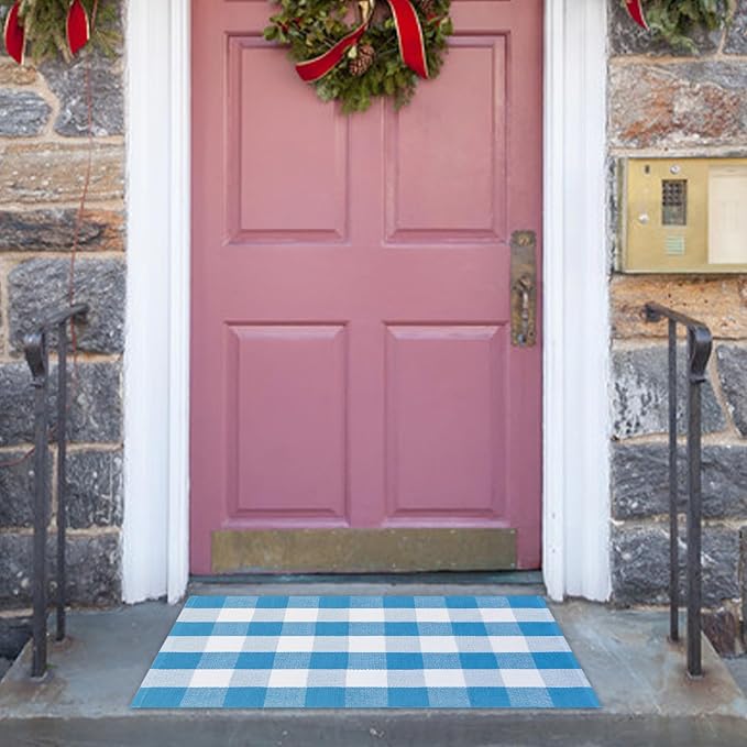 Spring Rugs Blue and White Plaid, 28” x 43” Area Rug Outdoor Indoor Summer Front Porch Doormat Cotton Hand-Woven Layered Door Mats for Entryway Patio Entryway Laundry Bedroom