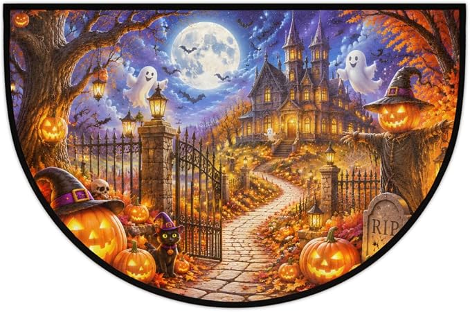 Halloween Half Round Door Mat Welcome Entrance Mat Bath Bathroom Rug B1 | Halloween Ghosts Welcome Entrance Mat Anti-Slip Half Moon Bath Mat Semi Circle Rug Indoor Outdoor Kitchen Rug