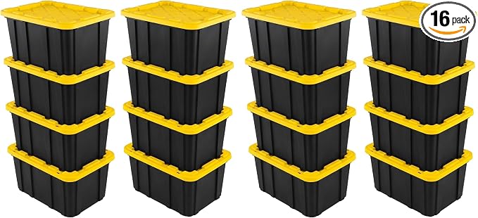 Sterilite Industrial Storage Tote with Lids for Garage, 27 Gallon, 16-Pack | Heavy-Duty and Stackable Utility Box Containers for Home, Office, and Basement Organization, Black/Yellow