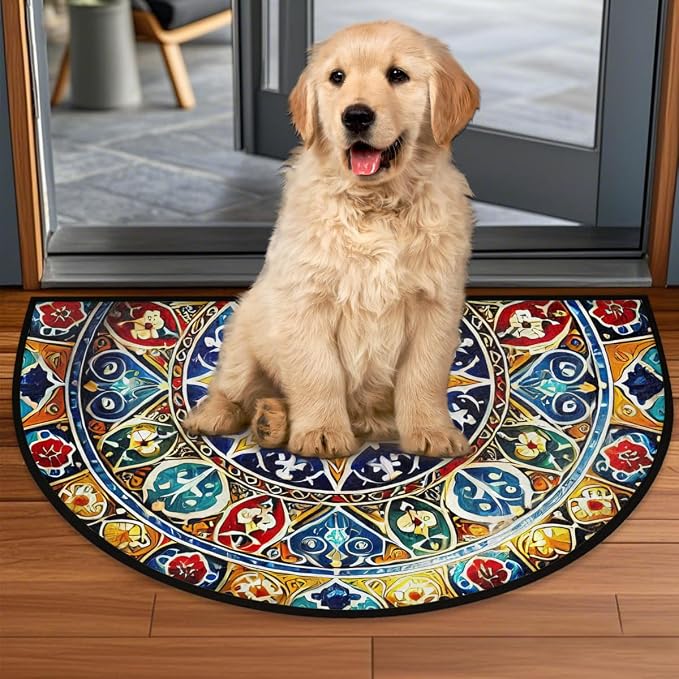 Art Mandala Half Round Door Mat Non Slip Half Circle Rugs | Ethnic Colorful Washable Half Moon Rug Semi Circle Rugs Indoor Entrance Floor Carpet for Kithen Bedroom Fireplace Decor