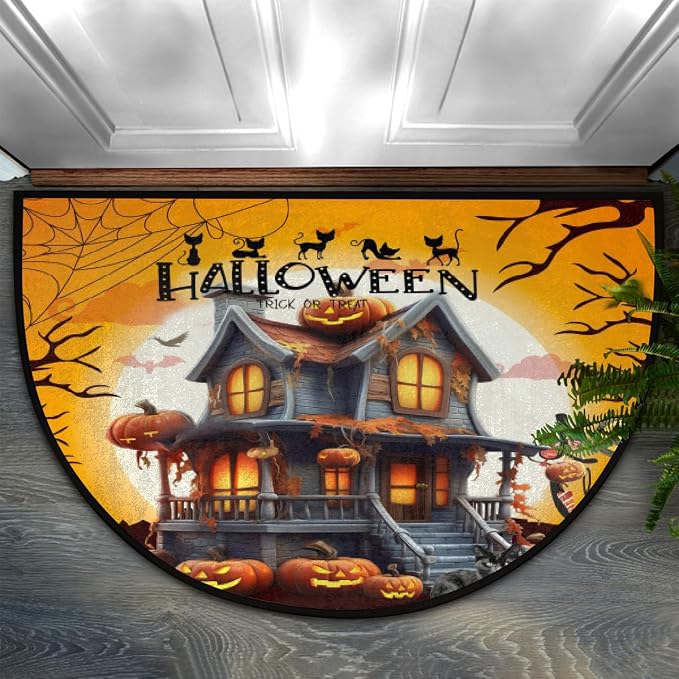 Halloween Half Round Doormat Non-Slip Semi Circle Rug Half Moon Mat | Castle Pumpkin Washable Soft Absorbent Indoor Outdoor Entrance Kitchen Bathroom Sink Patio Welcome Fireplace Floor Rug