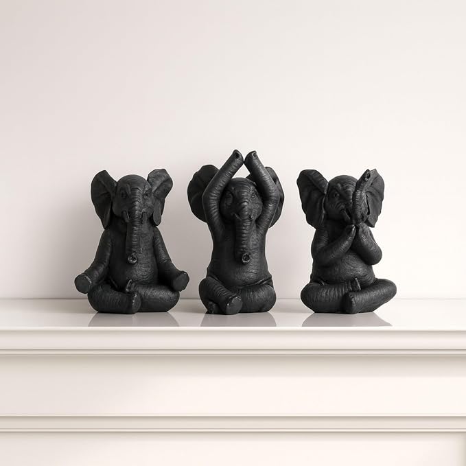 Resin Yoga Elephant Sculptural for Home or Bathroom Decor - Figurine for Shelf, Coffee Table, or Living Room - Ornaments Accent for Office Desk or Entryway - Set of 3, 9", 8", 8", Black