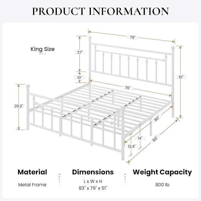 SHA CERLIN 14" King Size Metal Platform Bed Frame/Victorian Headboard and Footboard/Steel Slats Mattress Foundation for Storage/No Box Spring Needed/Noise Free/White