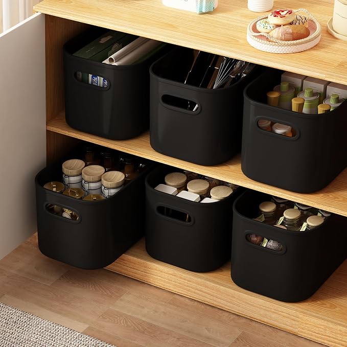 ORGIDOL 6 Pack Black Storage Bins with Lids Stackable Storage Container for Organizing, Black Storage Boxes with Handle for Shelves, Cute Organizer Bins for Craft, Snacks, 9.85x6.9x5.7 inch