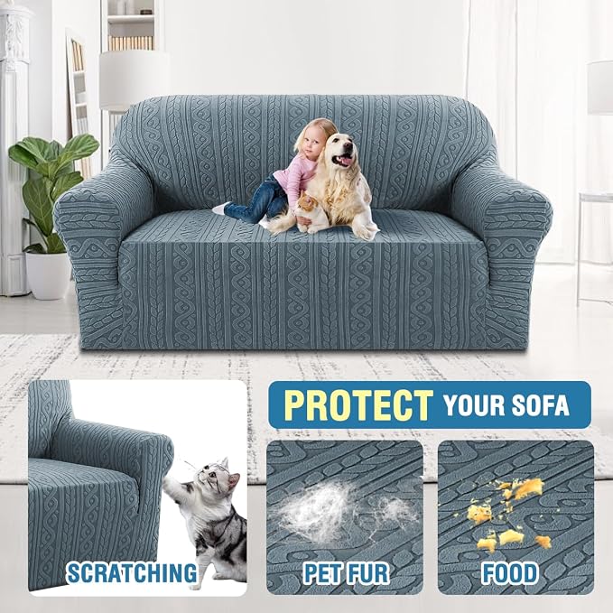 H.VERSAILTEX Loveseat Covers 1 Piece Stretch Couch Covers Anti Slip Sofa Slipcovers Soft Furniture Protector Upgrade Thick Jacquard Fabric with Spiral Pattern(58"-70", Stone Blue)