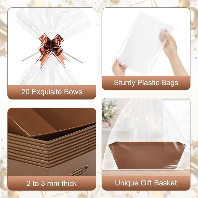 AFOROEOA 20PACK Baskets for Gifts Empty, 12x10x4” Thick Brown Gift Basket with Handles, 20 Bows & 20 Bags - Empty Gift Baskets for Christmas, Thanksgiving, Wedding, Birthday Party, Wrapping Gifts