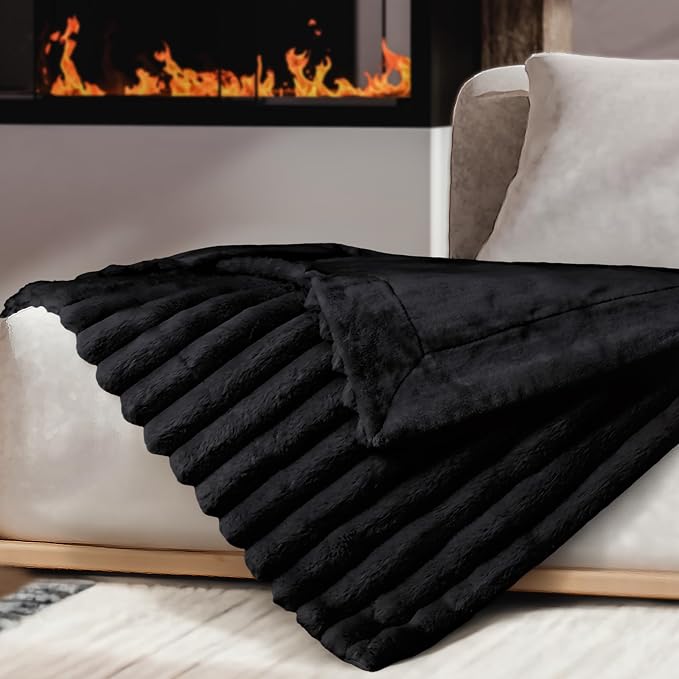 DEZ FURNISHINGS Luxury Reversible Textured Stripe Faux Fur & Velvet Throw Blanket, Twin (66" x 90"), Black