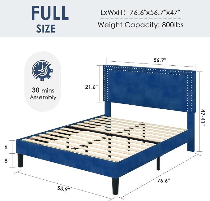 VECELO Full Size Platform Bed Frame with Height Adjustable Upholstered Headboard, Modern Mattress Foundation,Strong Wood Slat Support, No Box Spring Needed, Easy Assembly,Dark Blue