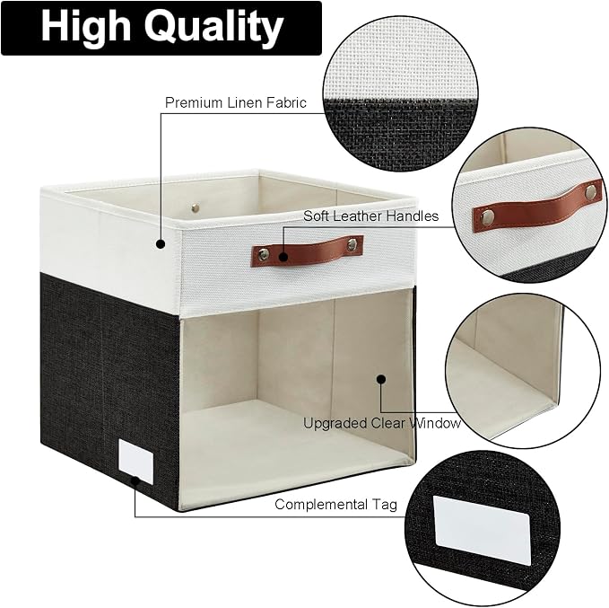 Bagnizer Storage Cubes, 4 Pack Linen Foldable Storage Bins (13 x 13 inch) with Clear Window and Handles, Fabric Organizer for Shelf Closet, Clothes, Books - (Black and White)