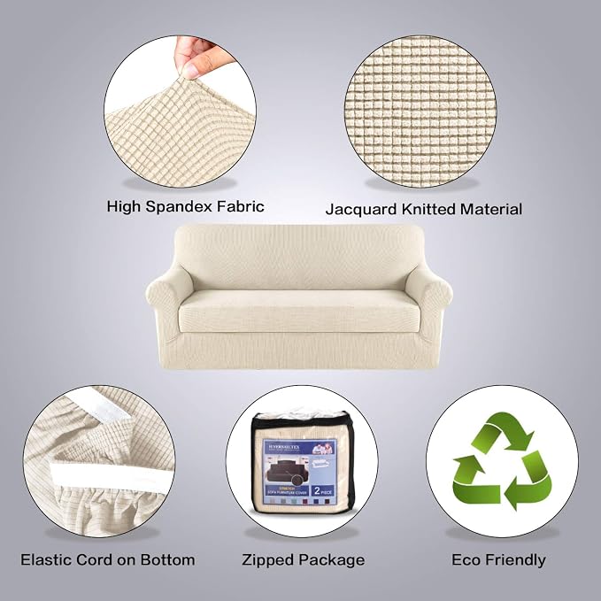 H.VERSAILTEX 2 Piece Sofa Slipcovers Couch Cover High Stretch Cover for Sofa Suit for T Cushion/Box Cushion, Spandex Jacquard Fabric Furniture Protector - Sofa 72"-88" - Natural