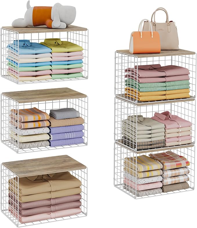 6 Pack Extra-Long Closet Organizers and Storage with Top Board, Stackable Closet Shelf Organizer, Double Storage Design, Clothes Storage Cube/Bin/Basket for Wardrobe, Space-Saving, White,Sturdy,Metal