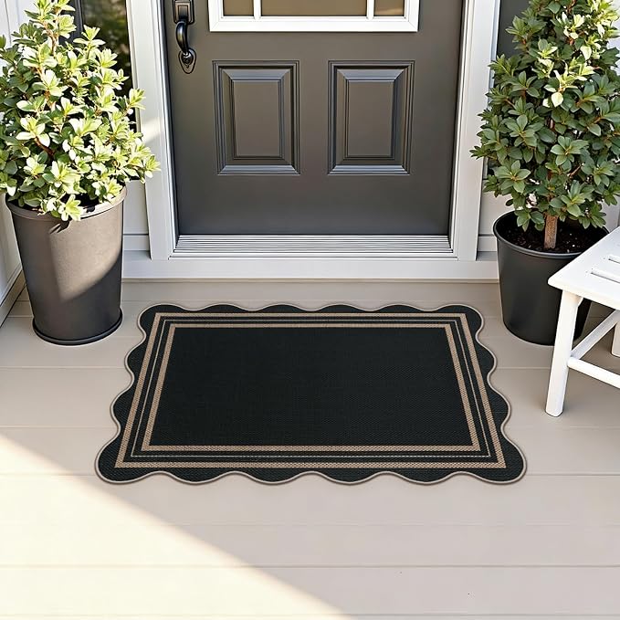 Easy Jute Black Entryway Rug, 2x3 Front Door Mat Washable Non Slip Small Kitchen Rug, Indoor Outdoor Farmhouse Scalloped Doormat for Porch Bathroom Doorway